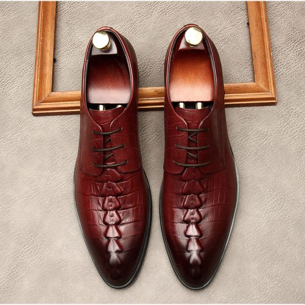 

brand genuine leather mens dress shoes wedding party shoes embossed pattern lace up fashion oxfords busines shoes for men g46, Black