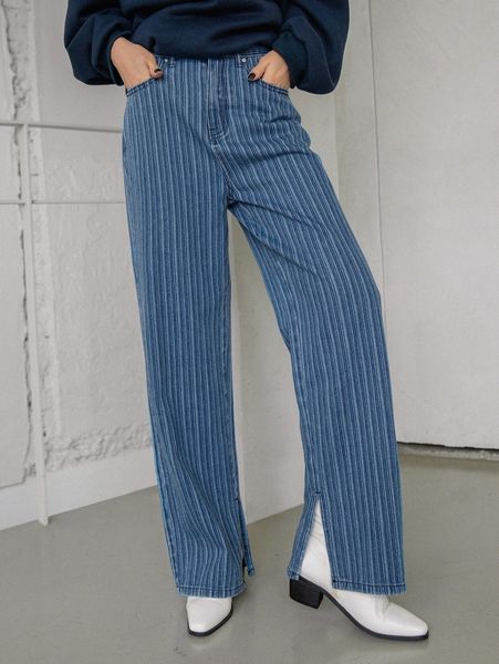 

dazy striped print split hem jeans 81sz#, Blue