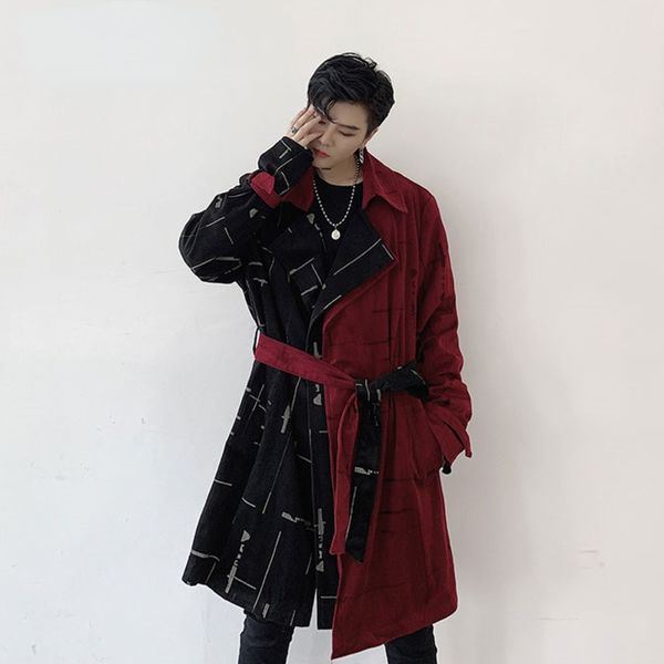 

block color patchwork design loose men's medium long corduroy long coat 2021 new autumn fashion trench with belt, Tan;black