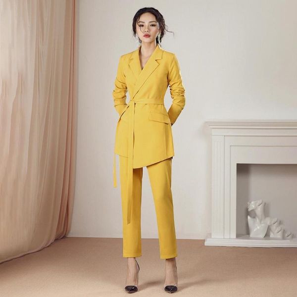 

yellow women suit jacket and pant off lady elegant formal wear fashion women chic dza050, Gray
