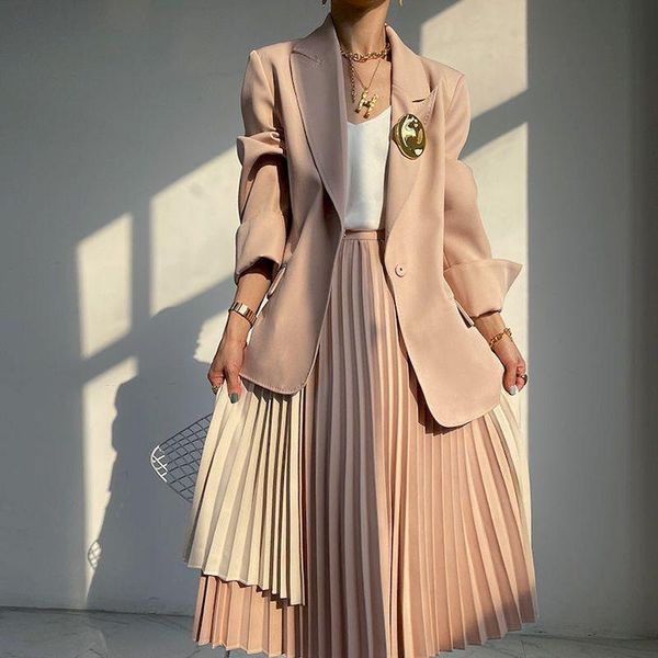 

two piece dress blazer skirt set women skirts loose casual suit jacket sets autumn wild, White