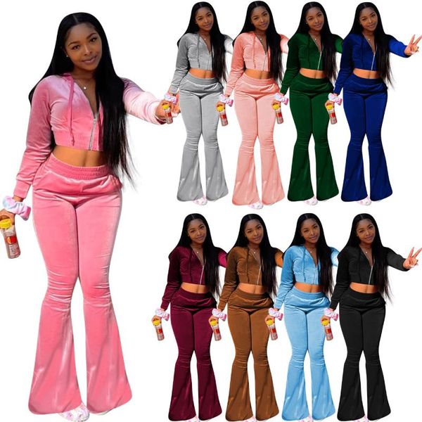 

women's two piece pants women hooded coat sets pieces sale autumn female velvet cropped short sweatshirt high waist long flare pant sui, White