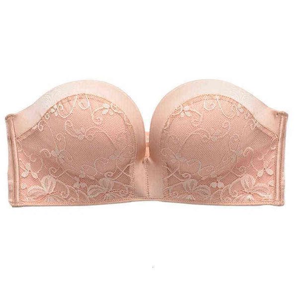 

summer steel ring bra no shoulder strap underwear comfortable gathering palm cup thin upper and thick lower women's bra, White
