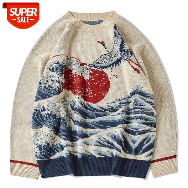 

sea crane print knitted sweater men women 2021 hip hop cotton harajuku sweater oversized streetwear loose gothic pullover unsiex #hw55, White;black