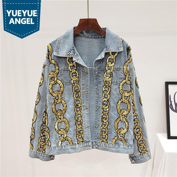 

women's jackets high street women loose fit batwing sleeve denim jacket sequined chain designer kpop female coat bf style casual outer, Black;brown