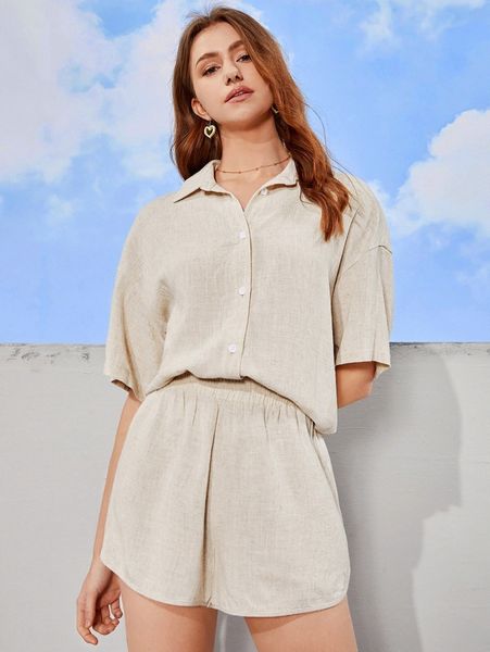 

solid button front drop shoulder blouse & shorts h4ea#, White