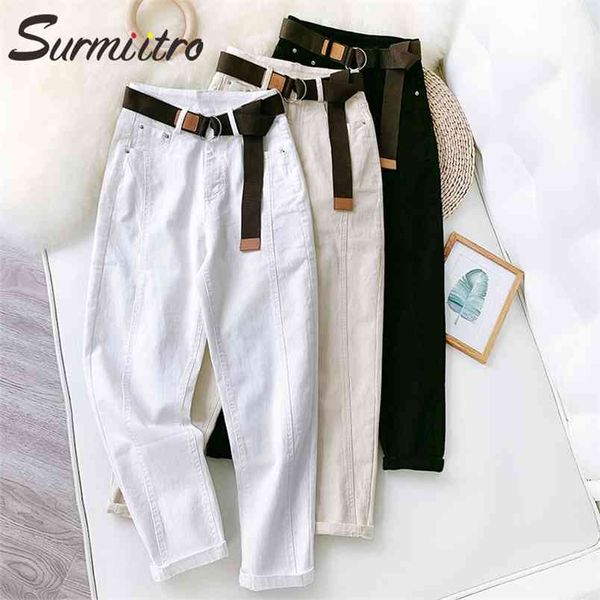 

surmiitro korean mom jeans women with belt autumn winter harem denim pants female high waist boyfrind white black 210708, Blue