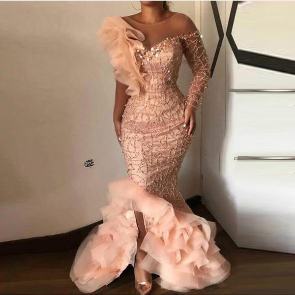 

party dresses elegant peach sparkle beaded mermaid evening ruffles one shoulder sequined long gowns sexy, White;black