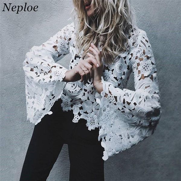 

women's blouses & shirts neploe 2021 spring women lace blouse european fashion flare sleeve streetwear casual female blusas 66759, White