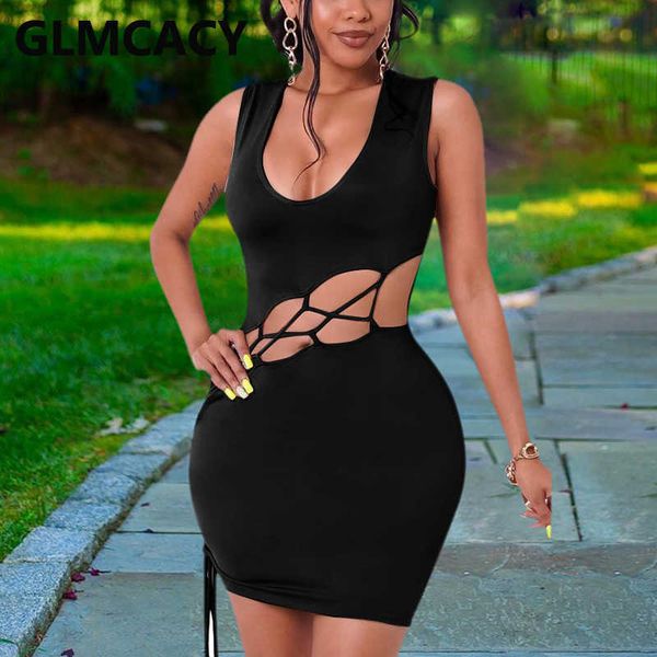 

women sleeveless u-neck hollow out bodycon mini dress 210702, Black;gray