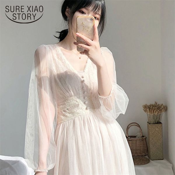 

plus size elegant button a-line vestidos white dress women 2021 spring puff sleeve empire v-neck lace voile mesh dresses 8126 210303, Black;gray