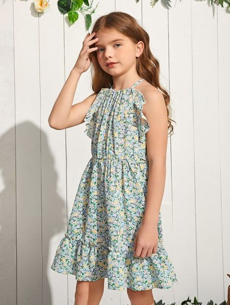 

girls keyhole back ditsy floral ruffle detail dress she, Red;yellow