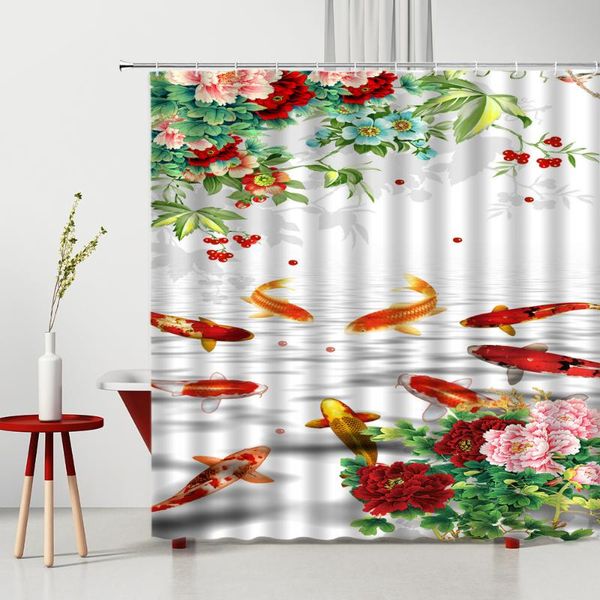 

shower curtains koi flowers curtain red floral pattern printed modern bathroom decoration home supplies washable bath with hooks