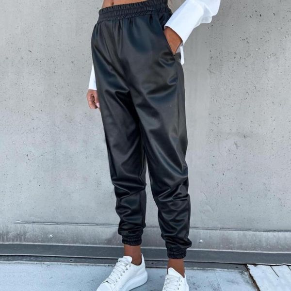 

women's pants & capris women mid waist solid color faux leather elastic loose pockets harem long ladies trousers autumn, Black;white