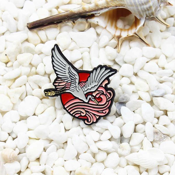 

crane flying in the clouds follow the sun fashion drop oil brooch implies health and longevity animal badge, Gray