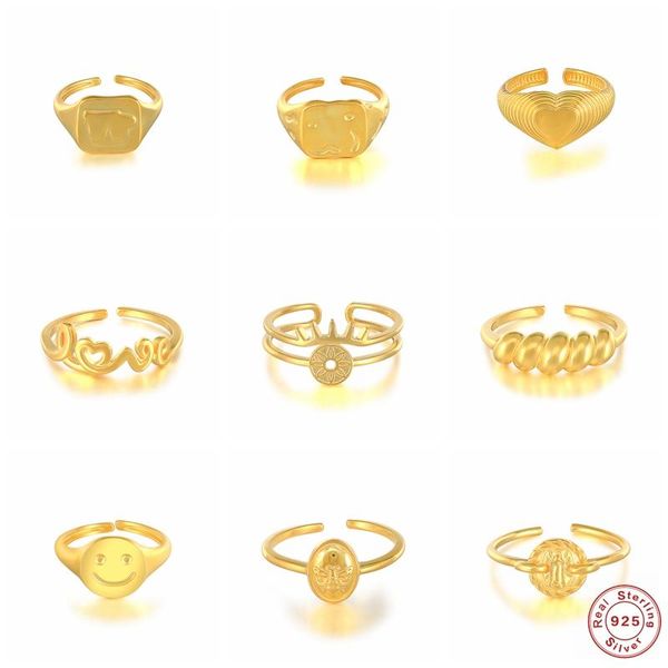 

cluster rings s925 sterling silver wide opening ring set european punk vintage finger for women laides geometric gothic jewerly gift, Golden;silver