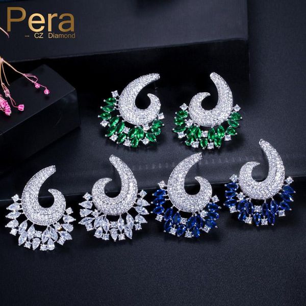

stud pera luxury costume jewelry accessories for women wedding big flower shape blue green white cubic zirconia earrings e091, Golden;silver
