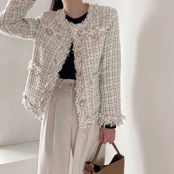 

women's wool & blends neploe vintage elegant tweed coats women 2021 autumn winter long sleeve o neck single breasted pockets ladies ko, Black