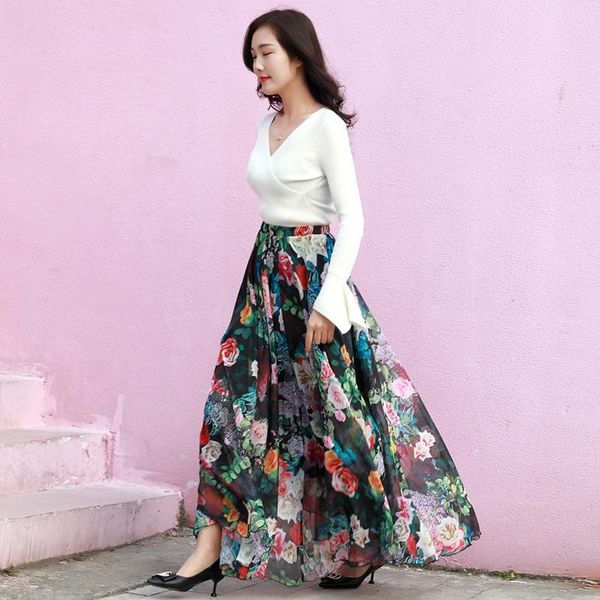 

skirts long women floral print boho bohemia elastic waist ethnic ladies vintage bottoms female 2021 arrivals clothes, Black