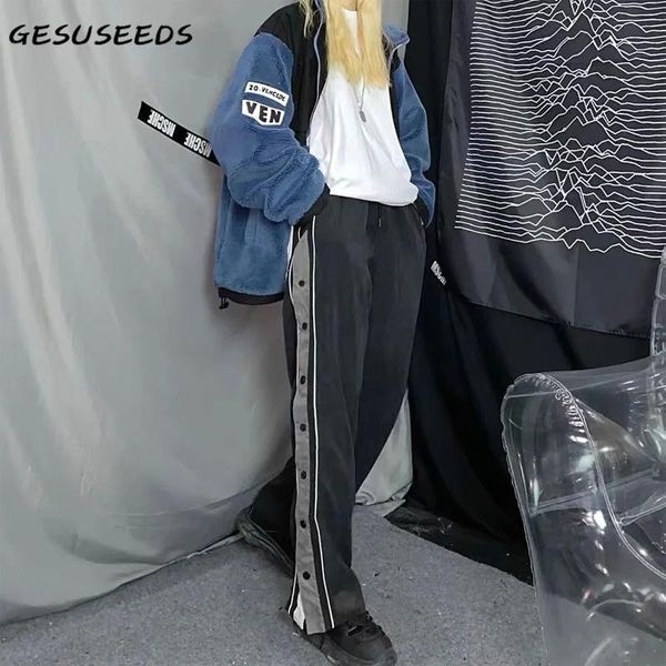 

2021 woman pants casual high waisted pants patchwork joggers women sweatpants buttons wide leg side slit streetwear black, Black;white