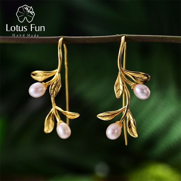 

lotus fun real 925 sterling silver natural pearl earrings fine jewelry waterdrops from the olive leaves drop for women 210625, Golden;silver