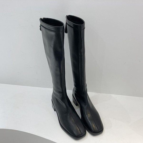 

boots 2021 medium heel thin autumn winter thick knight square head long tube women's, Black