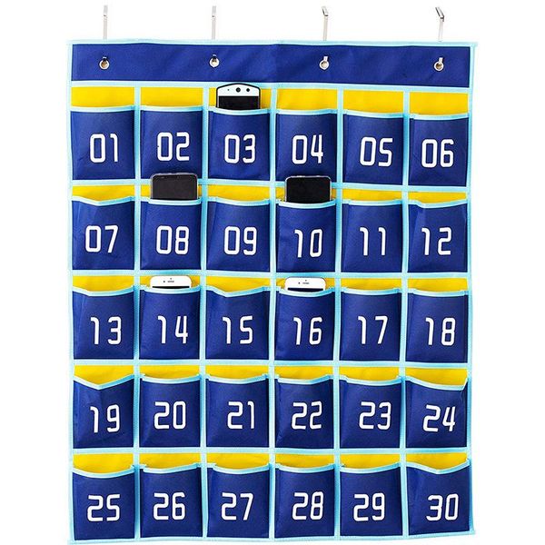 

numbered pocket chart classroom organizer for cell phones calculator holders (30 pockets, blue pockets)