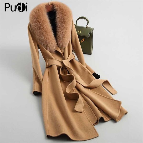 

pudi women 100% wool blends coat jacket with real fur collar overcoats jackets a38901 211130, Black