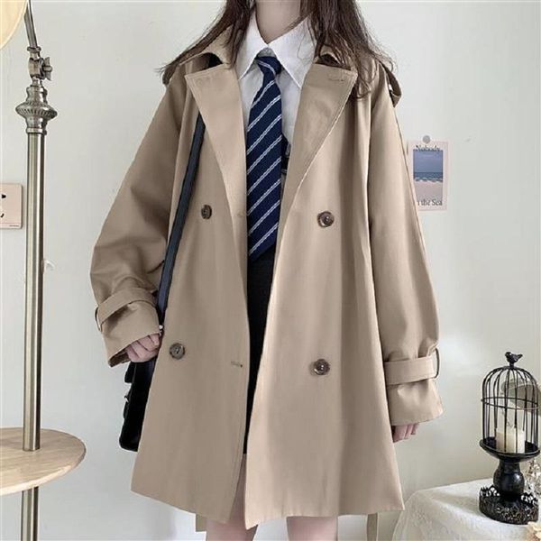 

women's trench coats mid-length coat harajuku preppy style double-breasted loose collar japanese korean vintage, Tan;black