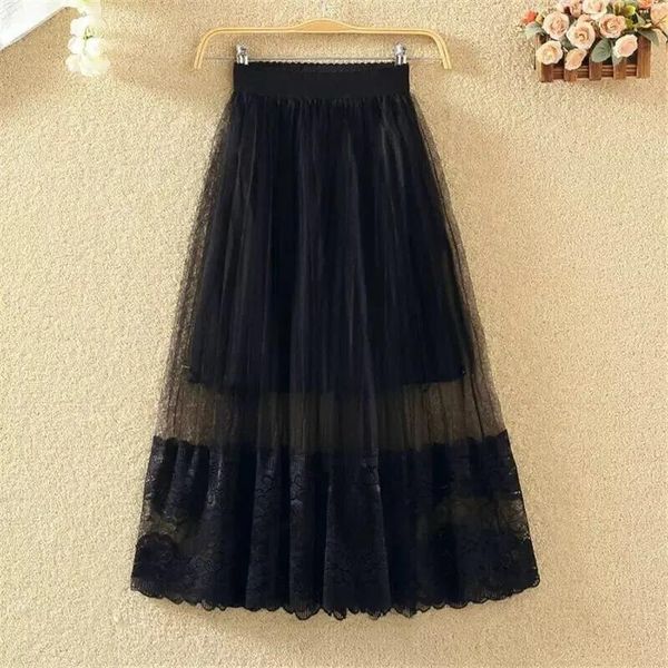

two piece dress women high waist skirt harajuku summer floral pleated mesh overlay elastic big swing a-linetulle tulle, White