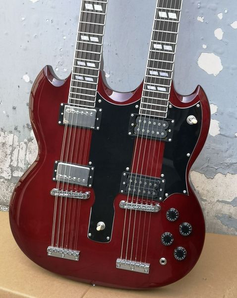 

custom electric guitar, dark red jimmypage double neck 6+12 strings
