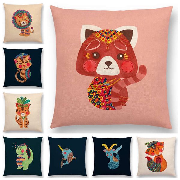 

cute cartoon animals cushion cover bohemian dress fox lion tiger pillowcase