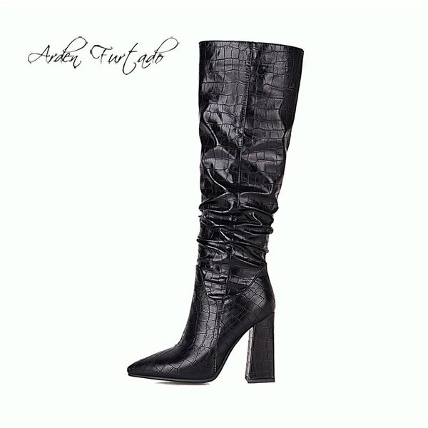 

boots arden furtado 2021 fashion winter cone heels pointed toe pure color brown women's knee high big size 48, Black