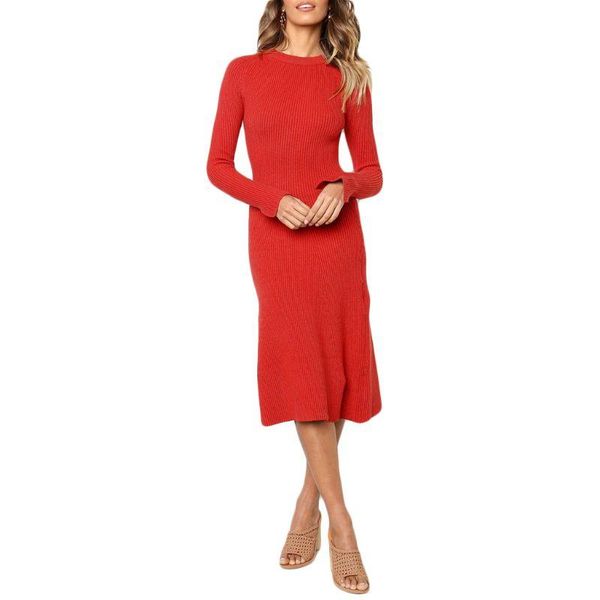

women long sleeve ribbed knit slim sweater dress solid o-neck midi streetwear 23ge, Black;gray