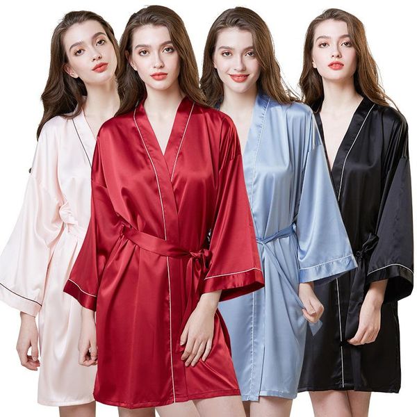 

pajamas plus size silk nightgown women's summer long sleeve morning gown ice silk bathrobe home nightwear, Black;red
