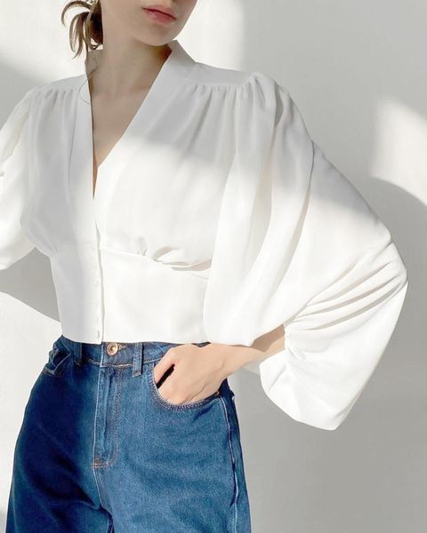

women's blouses & shirts lantern sleeve elegant button white vintage solid blouse france office ladies collar casual chemise blanche fe