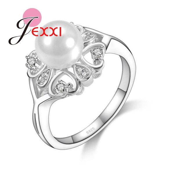 

wedding rings 925 sterling silver heart shape imitation pearl engagement for woman fashion finger bridal jewelry, Slivery;golden