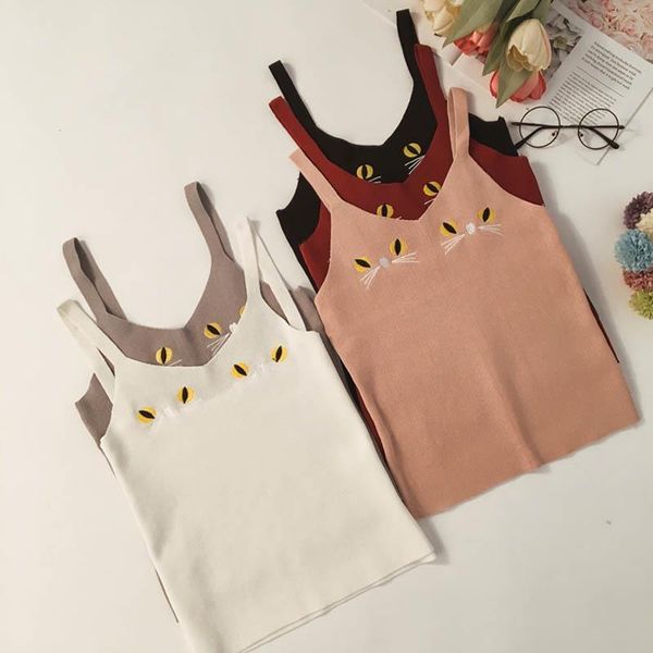 

2021 summer women tank knitting cat embroidered beach spaghetti crop female bare midriff solid feminino, White