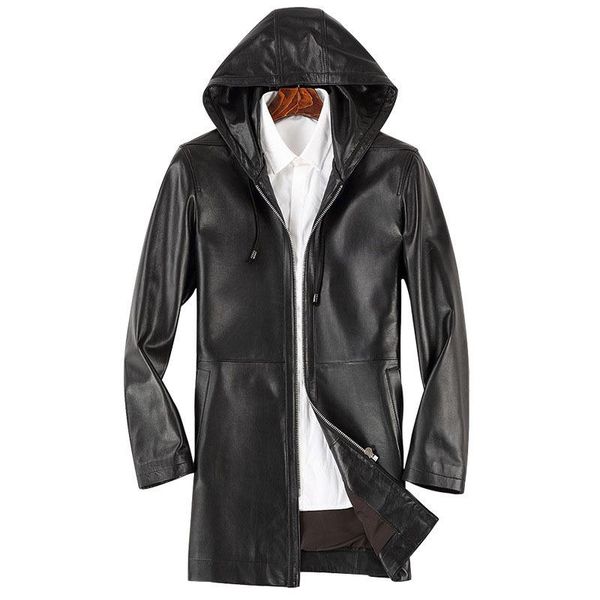 

men's leather & faux arrival mens hooded long sheep skin genuine jackets jaqueta de couro motorcycle blouson cuir homme male coat, Black