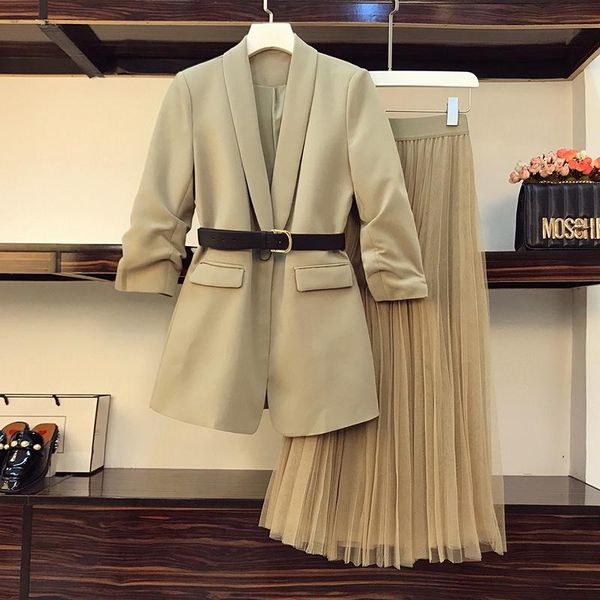

women oversized suit long coat mesh skirt two-piece set 2021 autumn winter female elegant solid blazer dress suits with belt s13, White
