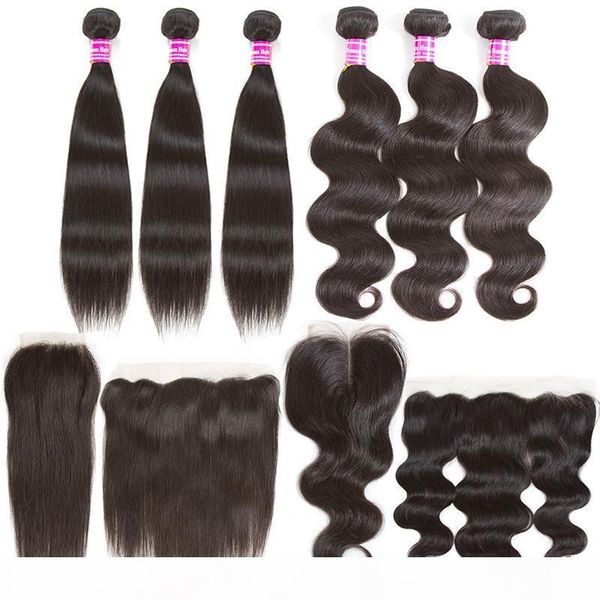 

straight body wave brazilian virgin hair 3 bundle and 4x4 lace closure or 13x4 lace frontal ear to ear lace frontal, Black;brown