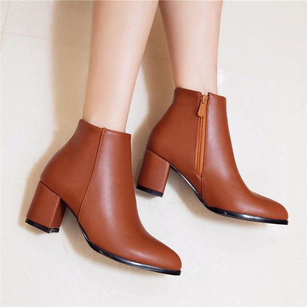 

boots fashion leather ankle women thick high heels zipper pointed toe autumn winter shoes square heel 3 color, Black