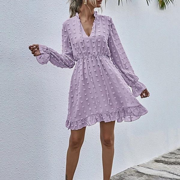 

casual dresses spring women dress long sleeve v neck high waist ruffles knee length solid color fashion female vestidos 2021, Black;gray