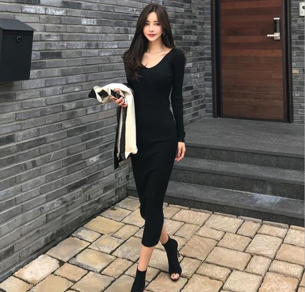 

casual dresses women's 2021 ladies knit dress v-neck long-sleeved hip, Black;gray