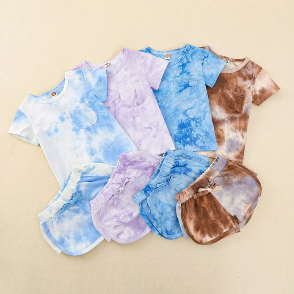 

1-6y fashion kids boys clothes sets tie-dye printed short sleeve pullover t shirts shorts 2pcs, White
