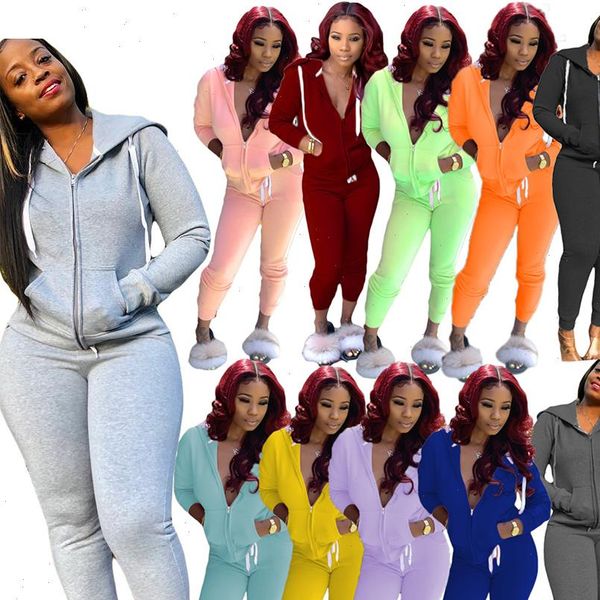 

autumn women solid sport two pieces sets long sleeve v neck zipper hoodies crop skinny slim pants tracksuit matching set, Gray