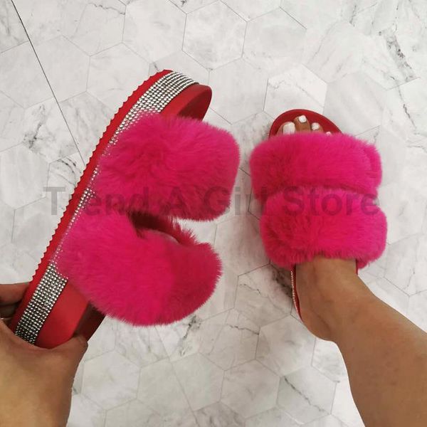 

slippers women platform furry fluffy fur slides woman outside shoes wedges female crystal slipper large size 42 43 wholesale, Black