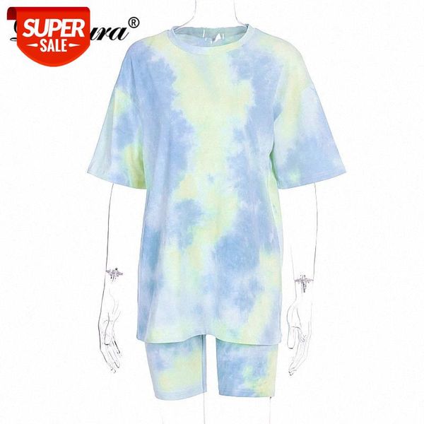 

dulzura tie dye women two piece set t shirt biker shorts streetwear 2020 summer loose home casual lounge wear outfit matching #fc38, White