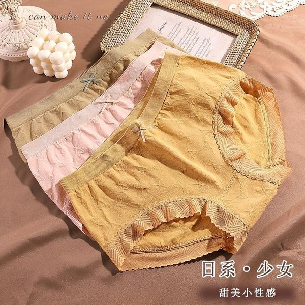 

women cotton underwear lace panties solid color briefs mid waist bow underpants seamless lingerie women's, Black;pink