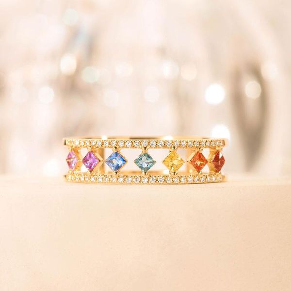 

wedding rings vintage female rainbow crystal stone ring charm gold color hollow for women dainty square zircon engagement, Slivery;golden